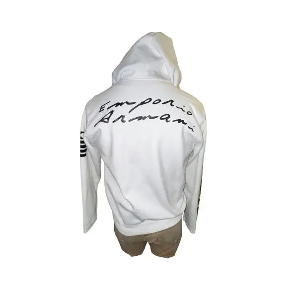 Emporio Armani Mens Size M White Zip Up Hoodie Logo Knit Sleeves